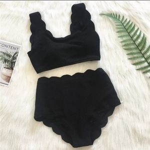 Marysia style scalloped high waist bikini solid black